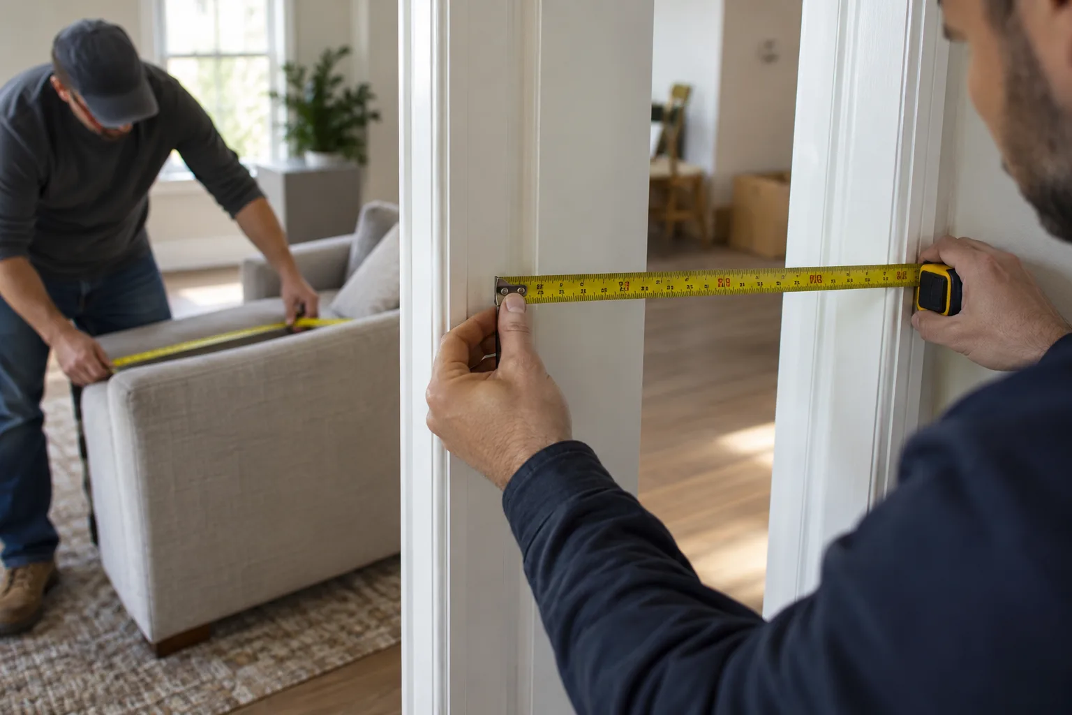 A doorway and sofa being measured before removal