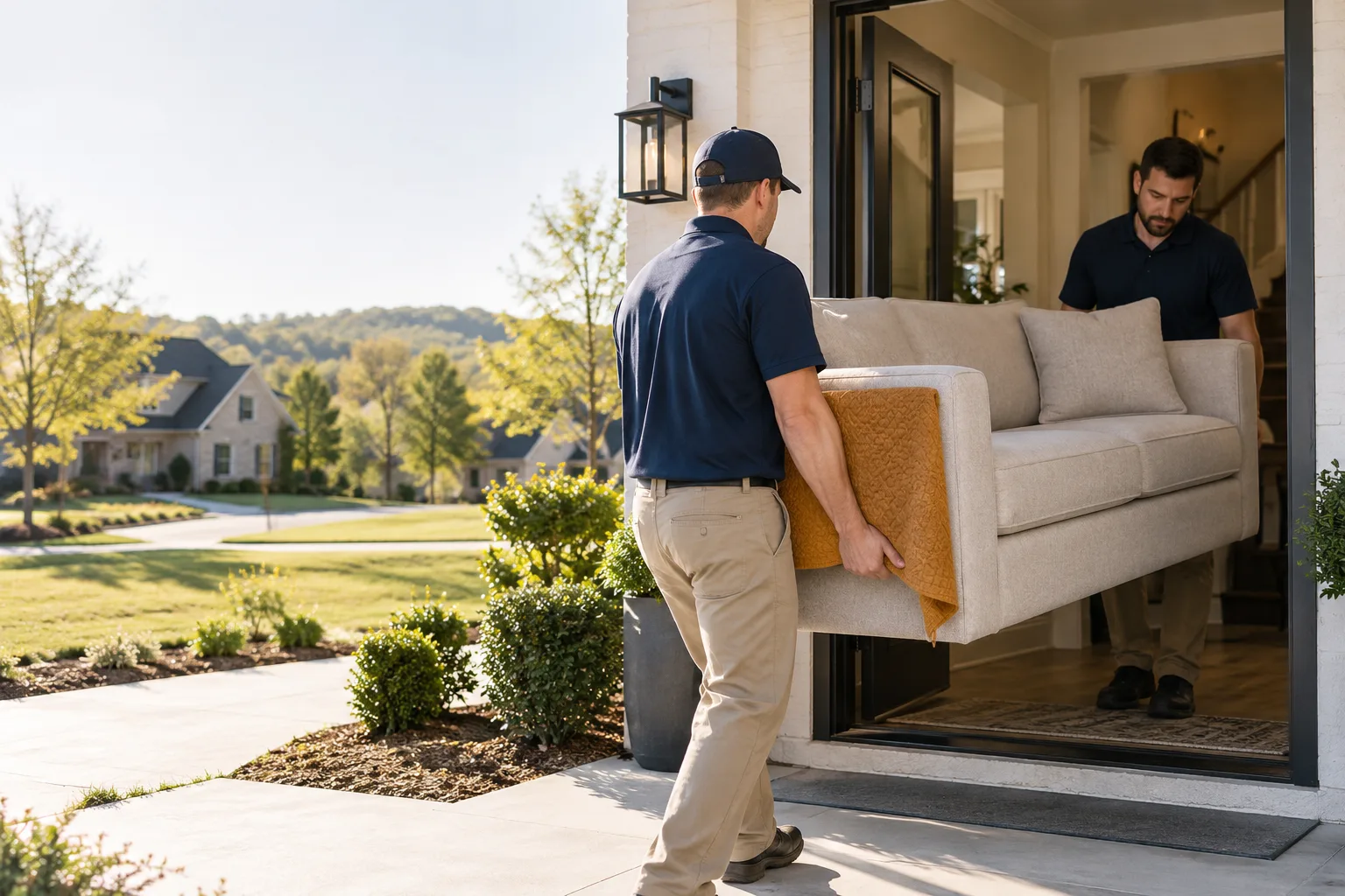 Two furniture removal workers carrying a sofa through a front doorway